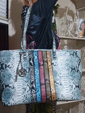 Bagley Mishka Python Tote Bag w Gunmetal Charms Bullets & Feet NWT